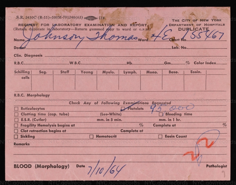 Johnson, Thomas: Hospital Records