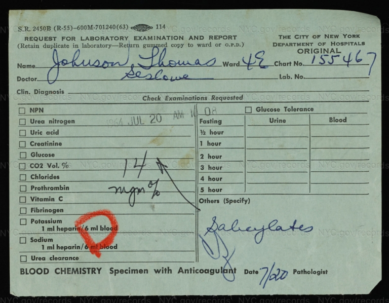 Johnson, Thomas: Hospital Records