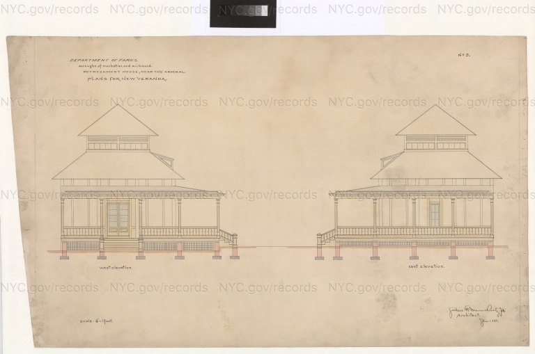 Central Park, Refreshment House, near Arsenal, plans for new veranda, front elevation
