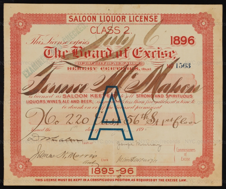 License No. 1563: Terence McMahon, 220 W. 56th St.; assigned to F. & M. Schaefer Brewing Company