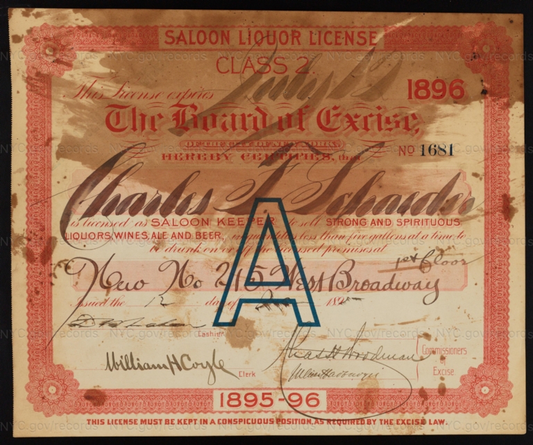 License No. 1681: Charles F. Schaeder, 215 West Broadway; assigned to F. & M. Schaefer Brewing Company