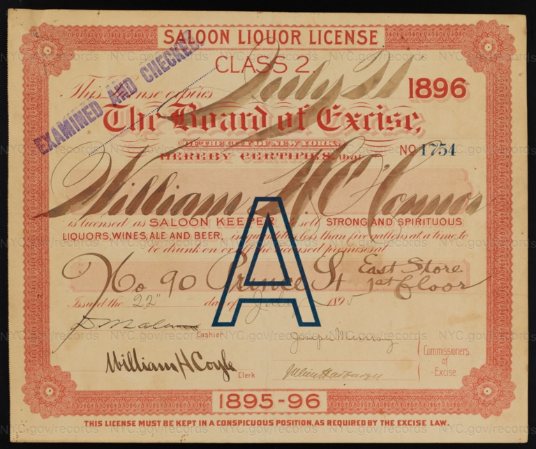 License No. 1754: William O'Conner, 90 Prince St.; assigned to Felix Simon