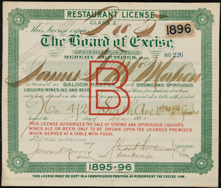 License No. 226: James F. McMahon, 472 Sixth Ave.; assigned to Henry Hartman and then to Adolph H. Seakel