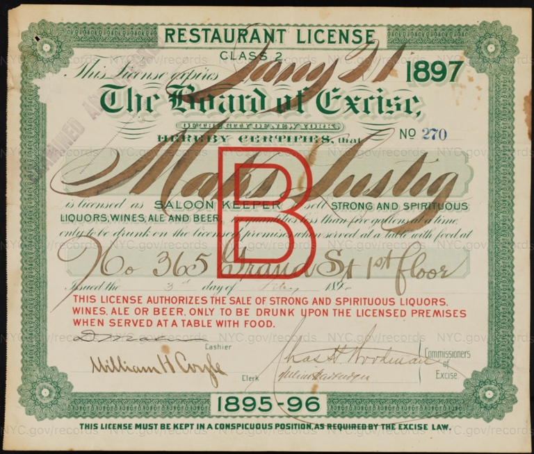 License No. 270: Maks Lustig, 365 Grand St.; assigned to John McKinnon