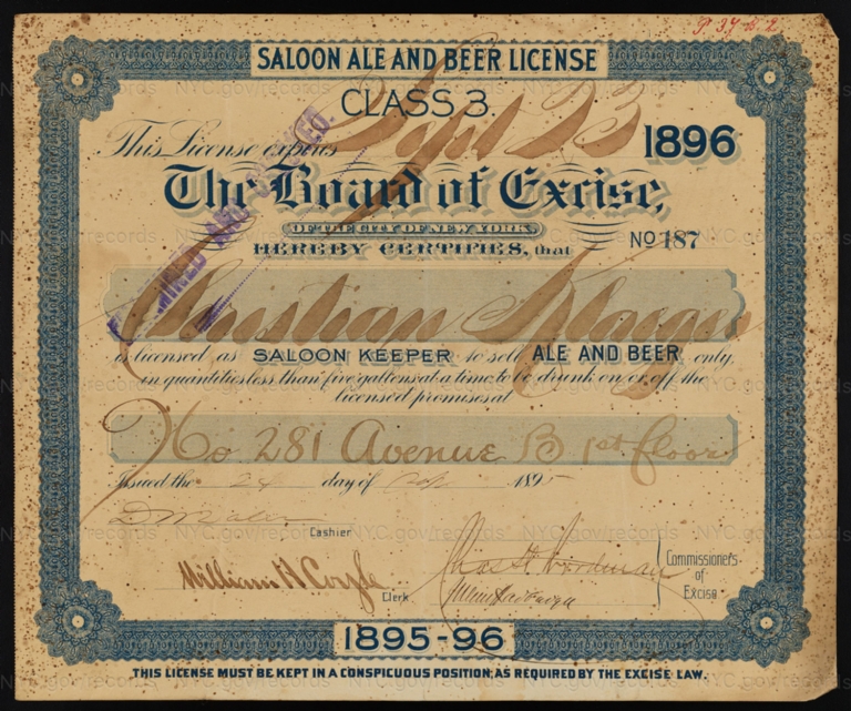License No. 187: Christian Klaeger, 281 Avenue B; assigned to H. Koehler & Co.
