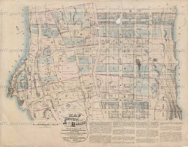 Map of properties in Harlem, showing the farm lines of 1787 of the estates formerly belonging to Bowers, Moore, Smedes, Benson, Bussing, and others